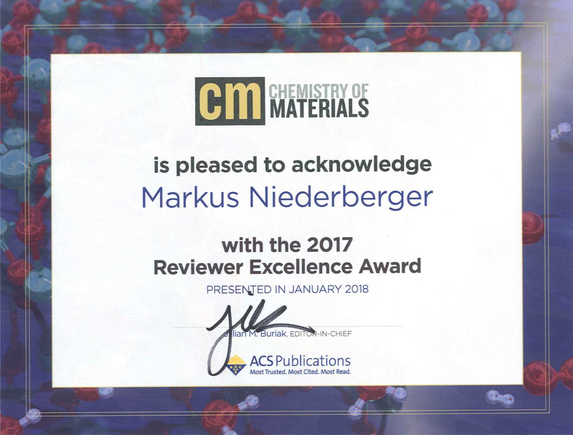 Reviewer Excellence Award 2017 by Chemistry of Materials